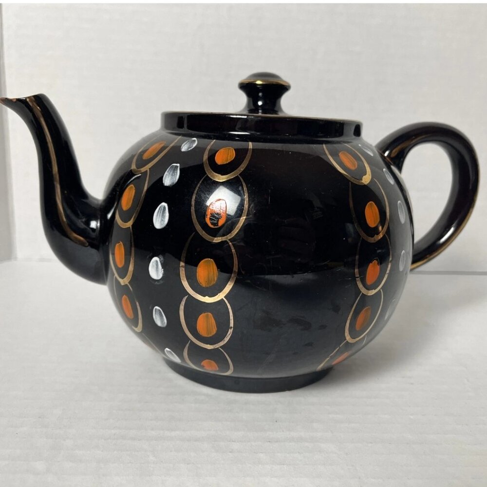 Vintage Ellgreave England Atomic Teapot Black Orange Gold MCM Pottery